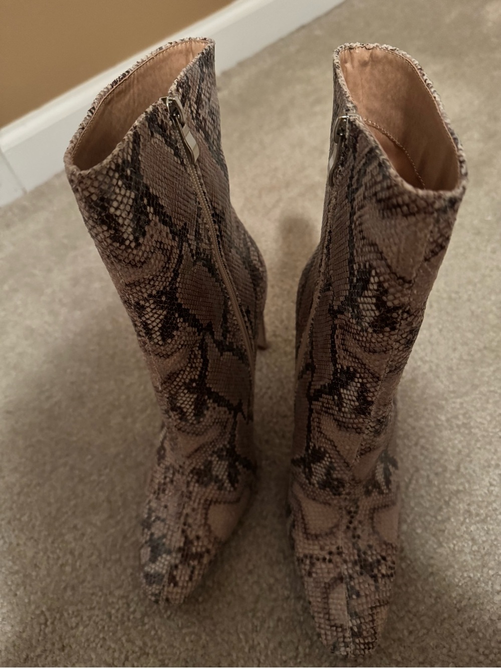 Python-Print Pointed Toe Ankle Boots in Taupe